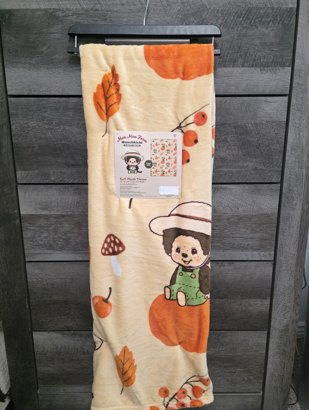 Monchhichi Soft Plush Fall Throw Blanket Fall Leaves Pumpkin Brand New